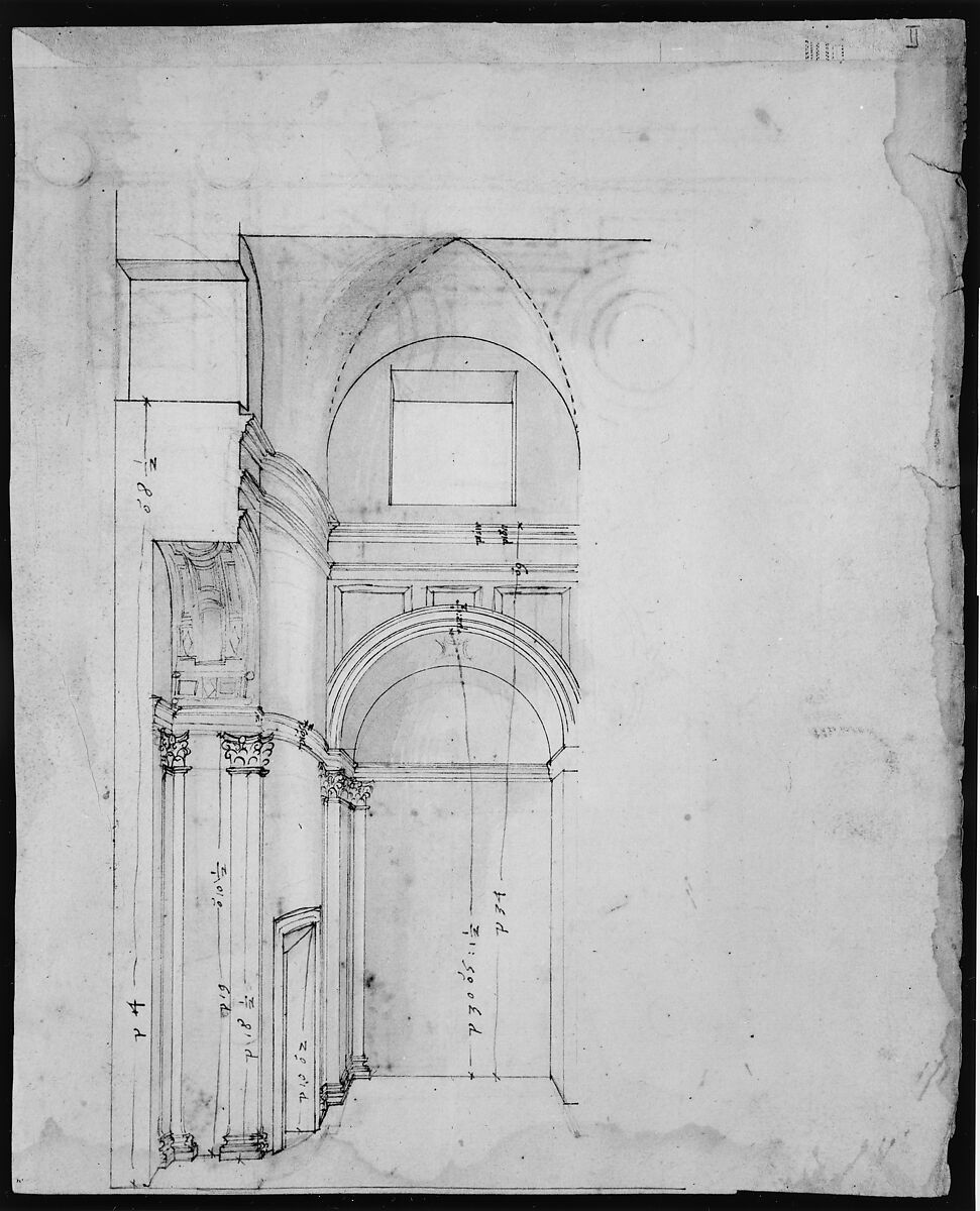 S. Giovanni Laterno, Oratorio della Santa Croce, section, perspective (recto) blank (verso), Drawn by Anonymous, French, 16th century, Dark brown ink, black chalk, and incised lines