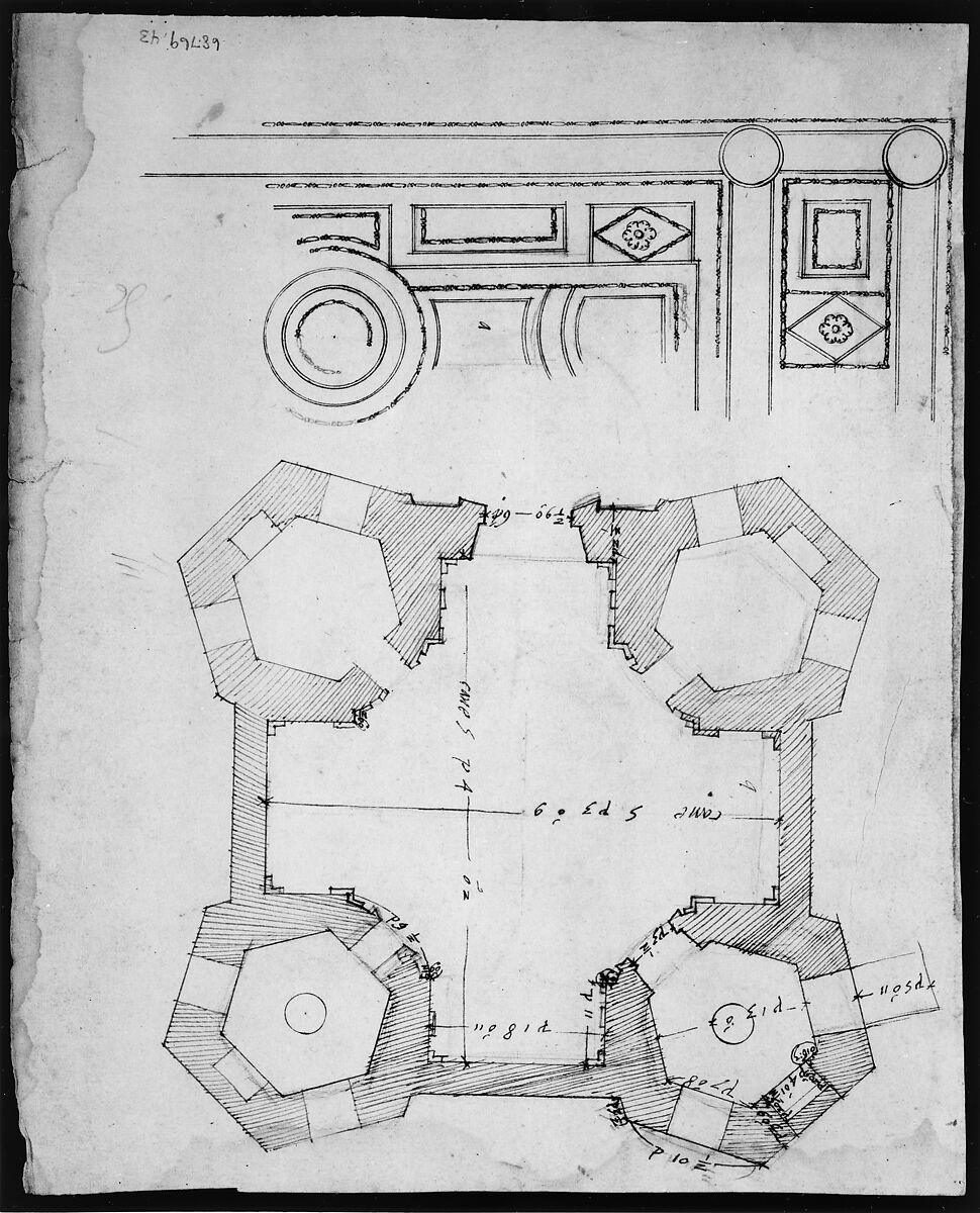 S. Giovanni Laterno, Oratorio della Santa Croce, section, perspective (recto) blank (verso), Drawn by Anonymous, French, 16th century, Dark brown ink, black chalk, and incised lines