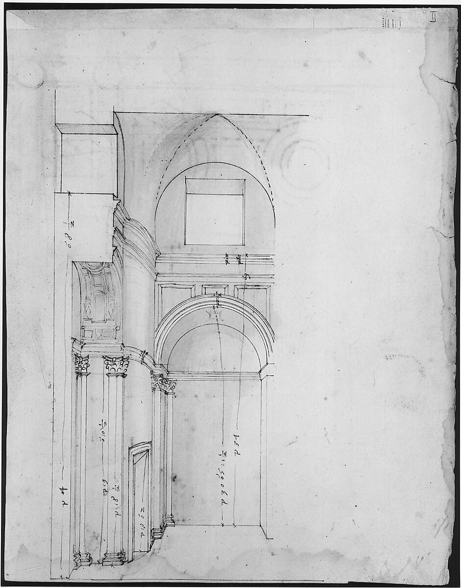 S. Giovanni Laterno, Oratorio della Santa Croce, section, perspective (recto) blank (verso), Drawn by Anonymous, French, 16th century, Dark brown ink, black chalk, and incised lines