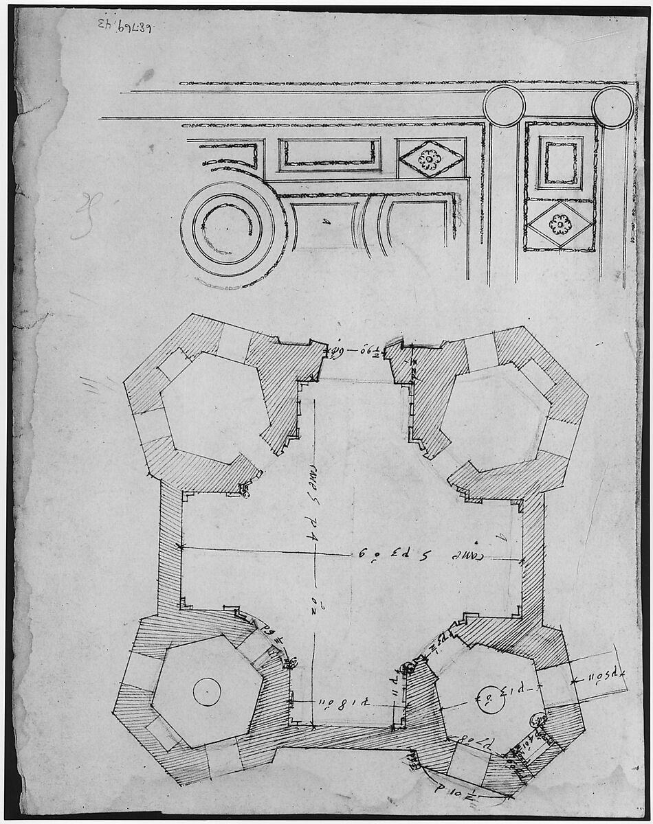 S. Giovanni Laterno, Oratorio della Santa Croce, section, perspective (recto) blank (verso), Drawn by Anonymous, French, 16th century, Dark brown ink, black chalk, and incised lines