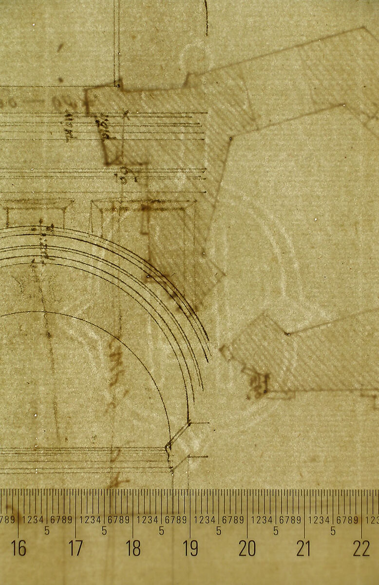 S. Giovanni Laterno, Oratorio della Santa Croce, section, perspective (recto) blank (verso), Drawn by Anonymous, French, 16th century, Dark brown ink, black chalk, and incised lines