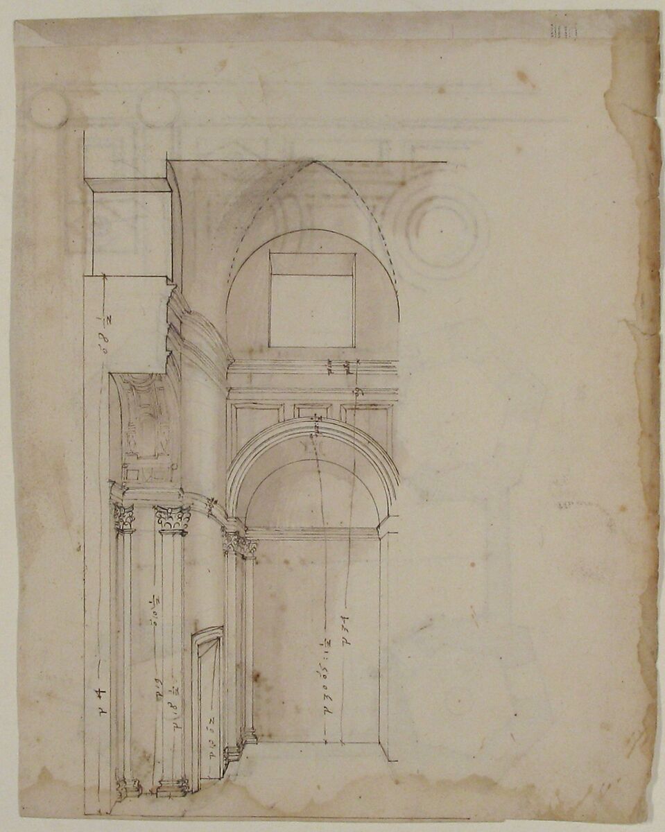 S. Giovanni Laterno, Oratorio della Santa Croce, section, perspective (recto) blank (verso), Drawn by Anonymous, French, 16th century, Dark brown ink, black chalk, and incised lines