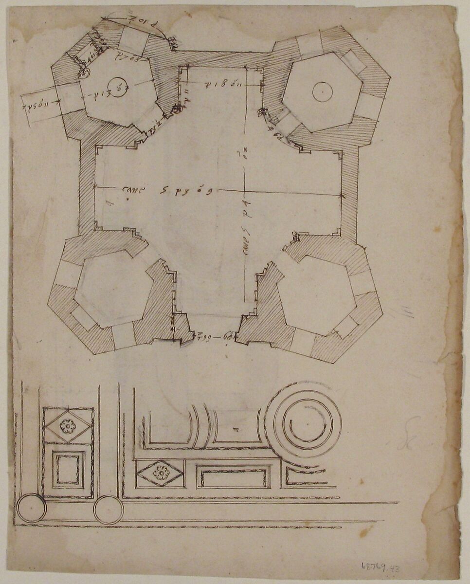 S. Giovanni Laterno, Oratorio della Santa Croce, section, perspective (recto) blank (verso), Drawn by Anonymous, French, 16th century, Dark brown ink, black chalk, and incised lines
