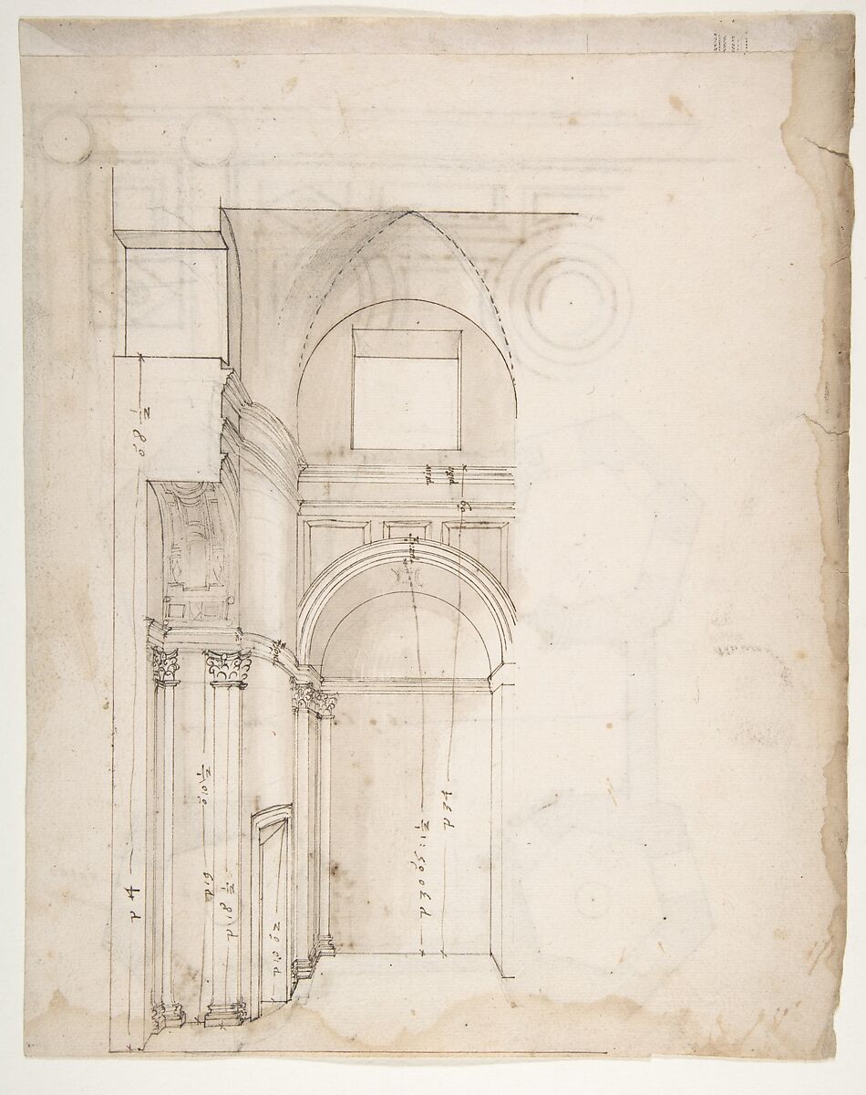 S. Giovanni Laterno, Oratorio della Santa Croce, section, perspective (recto) blank (verso), Drawn by Anonymous, French, 16th century, Dark brown ink, black chalk, and incised lines 