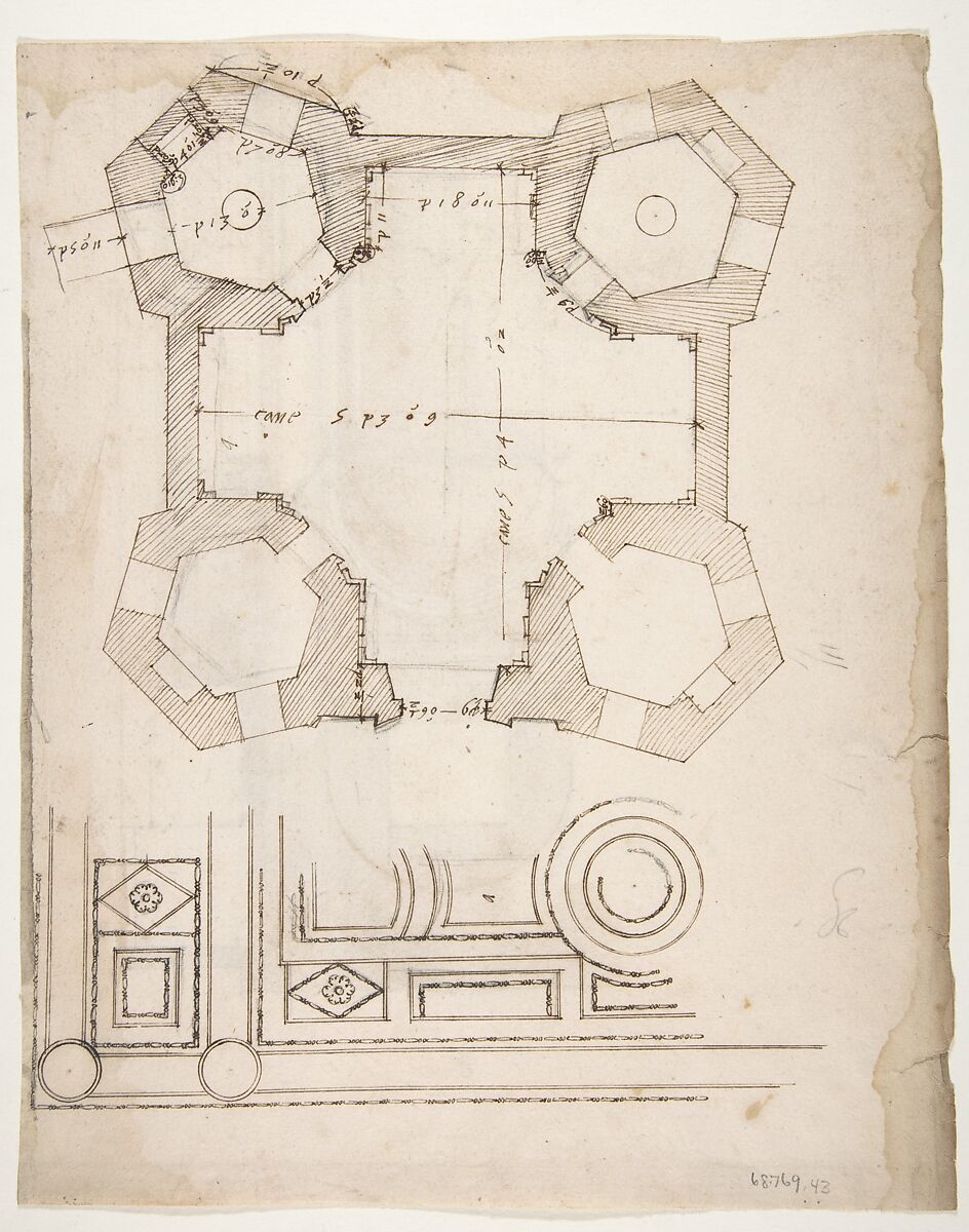 S. Giovanni Laterno, Oratorio della Santa Croce, section, perspective (recto) blank (verso), Drawn by Anonymous, French, 16th century, Dark brown ink, black chalk, and incised lines