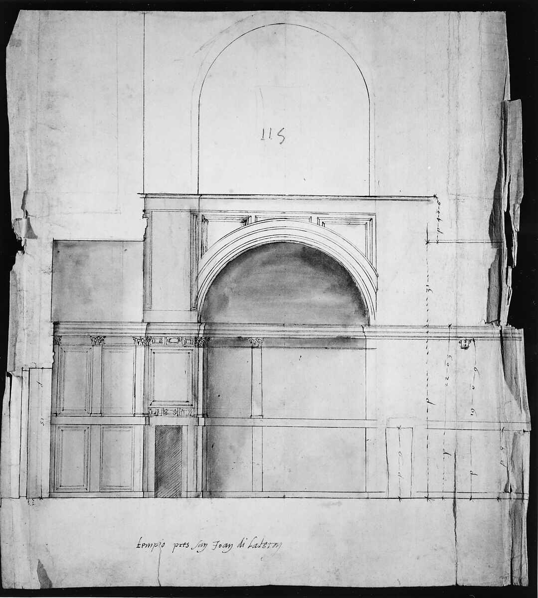 S. Giovanni Laterno, Oratorio della Santa Croce, section (recto) blank (verso), Drawn by Anonymous, French, 16th century, Dark brown ink, black chalk, and incised lines