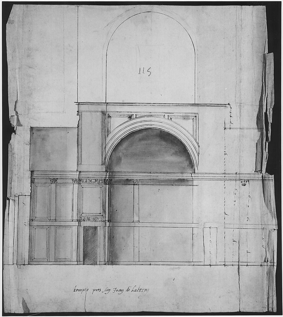 S. Giovanni Laterno, Oratorio della Santa Croce, section (recto) blank (verso), Drawn by Anonymous, French, 16th century, Dark brown ink, black chalk, and incised lines