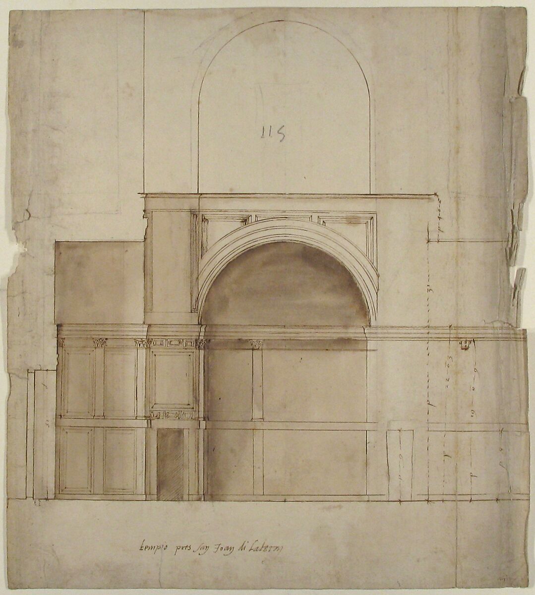 S. Giovanni Laterno, Oratorio della Santa Croce, section (recto) blank (verso), Drawn by Anonymous, French, 16th century, Dark brown ink, black chalk, and incised lines