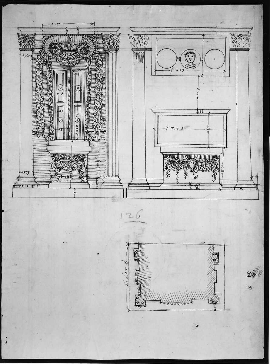 Unidentified, funerary altar, plan and elevations (recto) S. Giovanni Laterano, Oratorio della Santa Croce, paneling, elevation (verso), Drawn by Anonymous, French, 16th century, Dark brown ink, black chalk, and incised lines