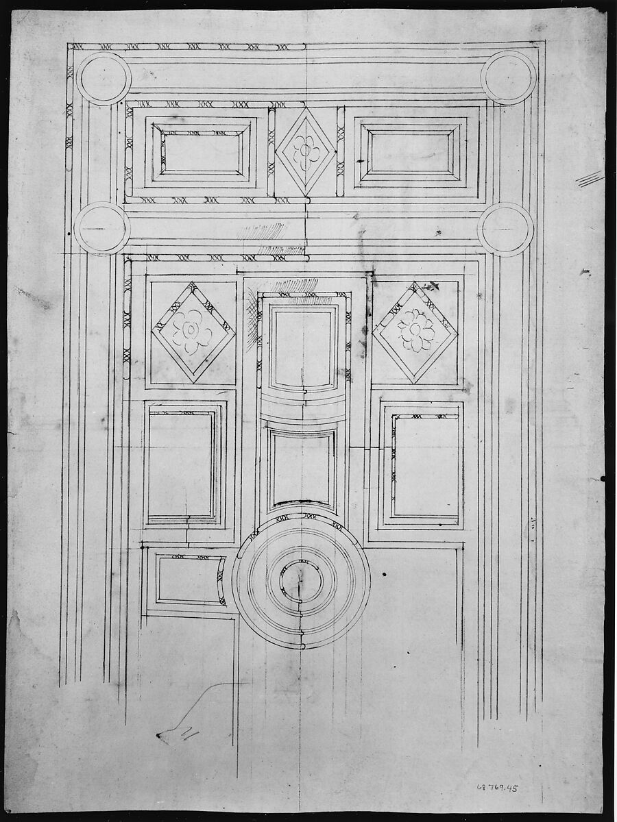 Unidentified, funerary altar, plan and elevations (recto) S. Giovanni Laterano, Oratorio della Santa Croce, paneling, elevation (verso), Drawn by Anonymous, French, 16th century, Dark brown ink, black chalk, and incised lines