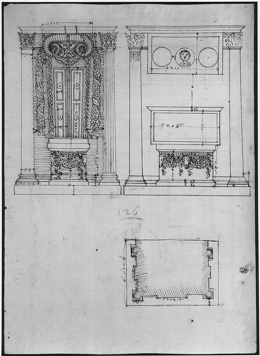 Unidentified, funerary altar, plan and elevations (recto) S. Giovanni Laterano, Oratorio della Santa Croce, paneling, elevation (verso), Drawn by Anonymous, French, 16th century, Dark brown ink, black chalk, and incised lines