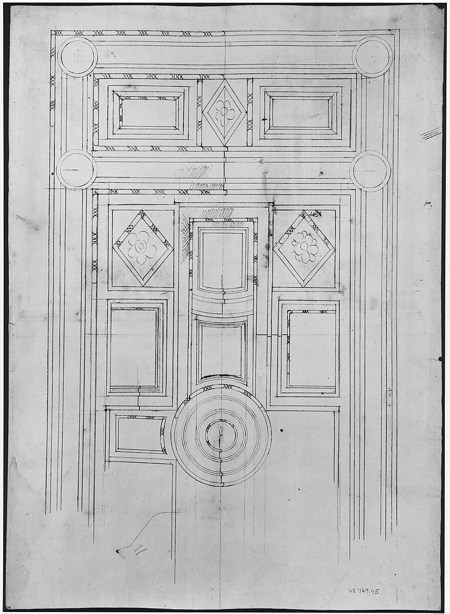 Unidentified, funerary altar, plan and elevations (recto) S. Giovanni Laterano, Oratorio della Santa Croce, paneling, elevation (verso), Drawn by Anonymous, French, 16th century, Dark brown ink, black chalk, and incised lines