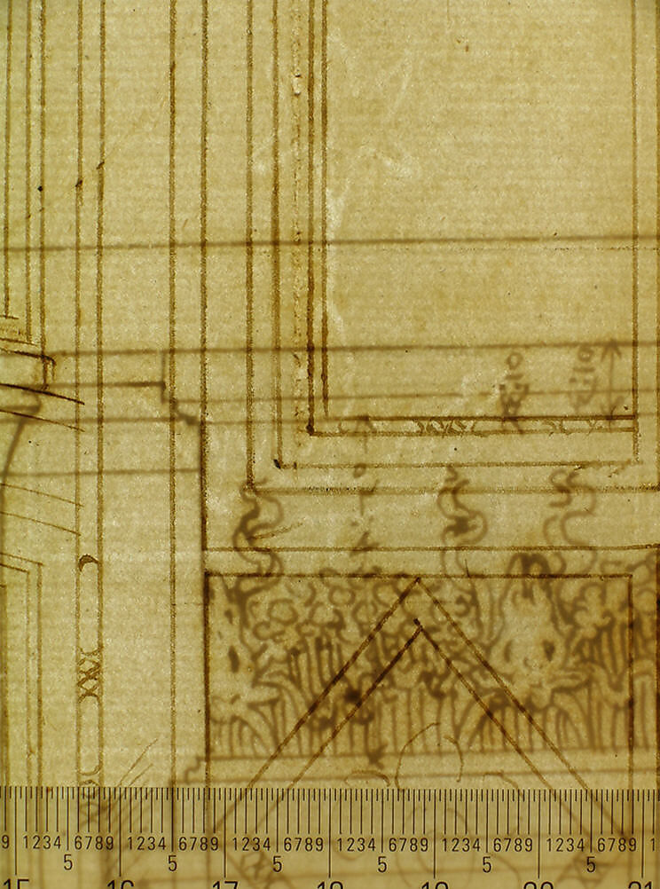Unidentified, funerary altar, plan and elevations (recto) S. Giovanni Laterano, Oratorio della Santa Croce, paneling, elevation (verso), Drawn by Anonymous, French, 16th century, Dark brown ink, black chalk, and incised lines
