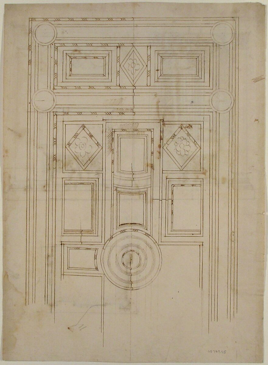Unidentified, funerary altar, plan and elevations (recto) S. Giovanni Laterano, Oratorio della Santa Croce, paneling, elevation (verso), Drawn by Anonymous, French, 16th century, Dark brown ink, black chalk, and incised lines