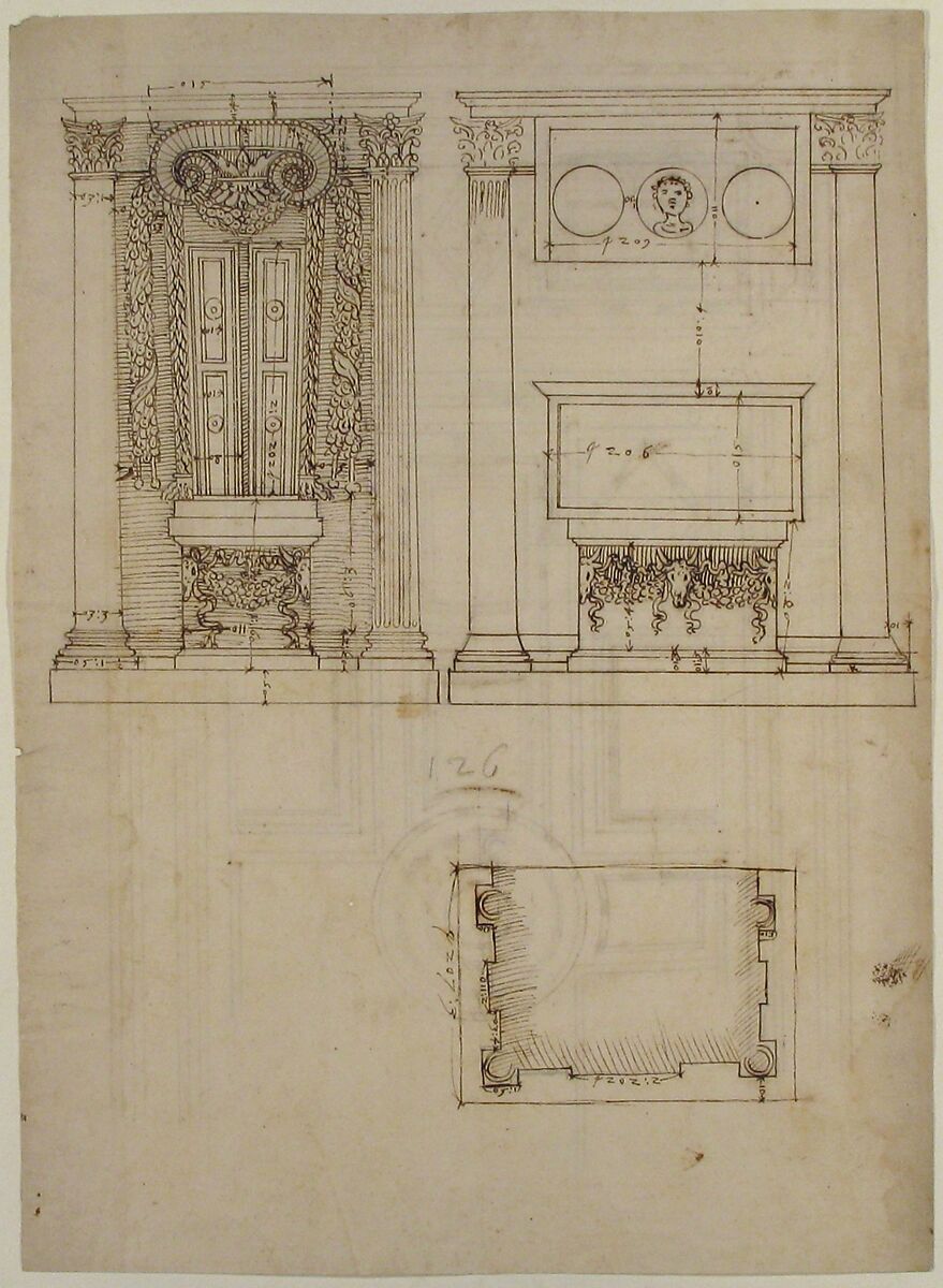 Unidentified, funerary altar, plan and elevations (recto) S. Giovanni Laterano, Oratorio della Santa Croce, paneling, elevation (verso), Drawn by Anonymous, French, 16th century, Dark brown ink, black chalk, and incised lines