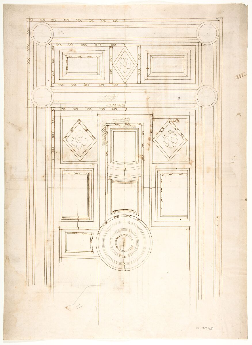 Unidentified, funerary altar, plan and elevations (recto) S. Giovanni Laterano, Oratorio della Santa Croce, paneling, elevation (verso), Drawn by Anonymous, French, 16th century, Dark brown ink, black chalk, and incised lines