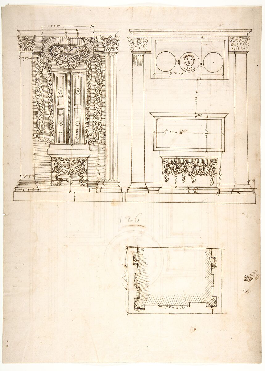 Unidentified, funerary altar, plan and elevations (recto) S. Giovanni Laterano, Oratorio della Santa Croce, paneling, elevation (verso), Drawn by Anonymous, French, 16th century, Dark brown ink, black chalk, and incised lines 