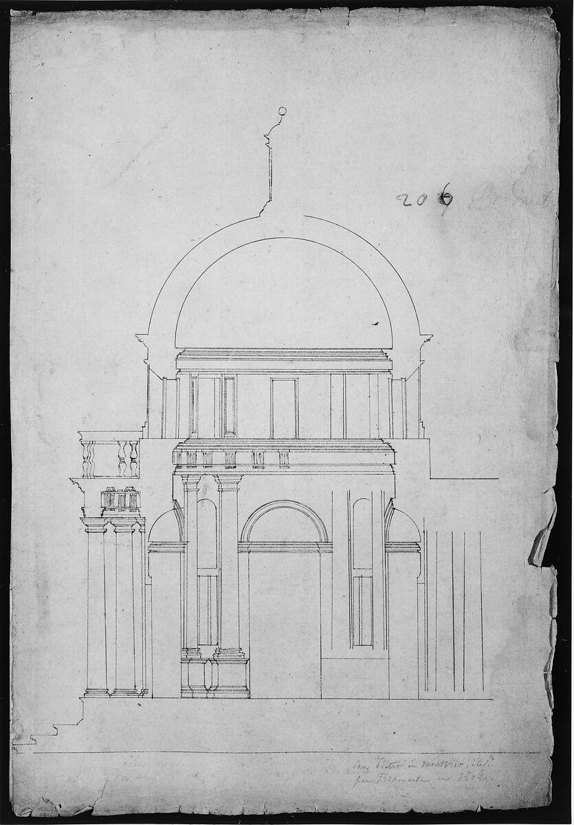 S. Pietro in Montorio, Tempietto, section (recto) blank (verso), Drawn by Anonymous, French, 16th century, Dark brown ink, black chalk, and incised lines