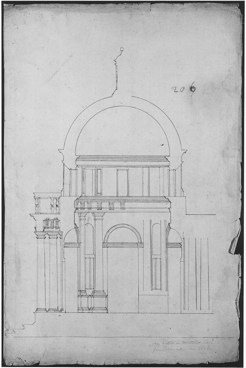 S. Pietro in Montorio, Tempietto, section (recto) blank (verso), Drawn by Anonymous, French, 16th century, Dark brown ink, black chalk, and incised lines