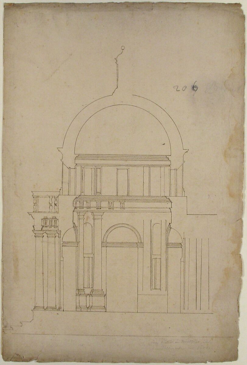 S. Pietro in Montorio, Tempietto, section (recto) blank (verso), Drawn by Anonymous, French, 16th century, Dark brown ink, black chalk, and incised lines