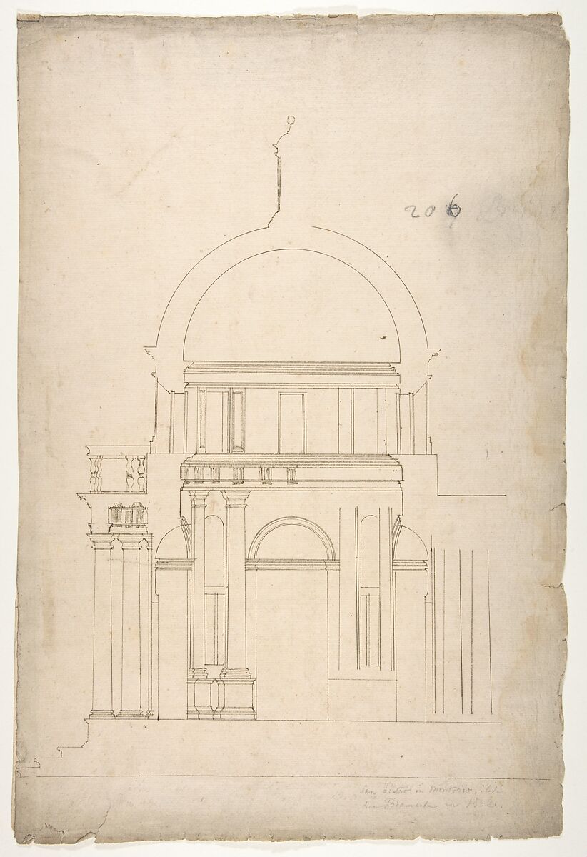 S. Pietro in Montorio, Tempietto, section (recto) blank (verso), Anonymous, French, 16th century  French, Dark brown ink, black chalk, and incised lines