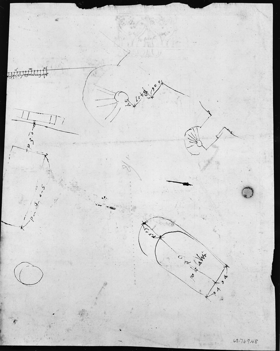 S. Costanza, drum, interior, elevation; column shafts, profiles; narthex, section; stair, detail plan (recto) stair, plans; window, elevation (verso), Drawn by Anonymous, French, 16th century, Dark brown ink, black chalk, and incised lines