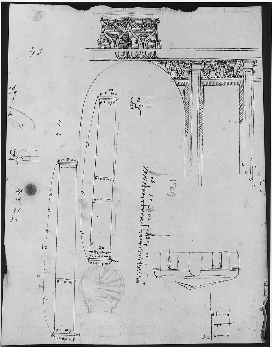 S. Costanza, drum, interior, elevation; column shafts, profiles; narthex, section; stair, detail plan (recto) stair, plans; window, elevation (verso), Drawn by Anonymous, French, 16th century, Dark brown ink, black chalk, and incised lines