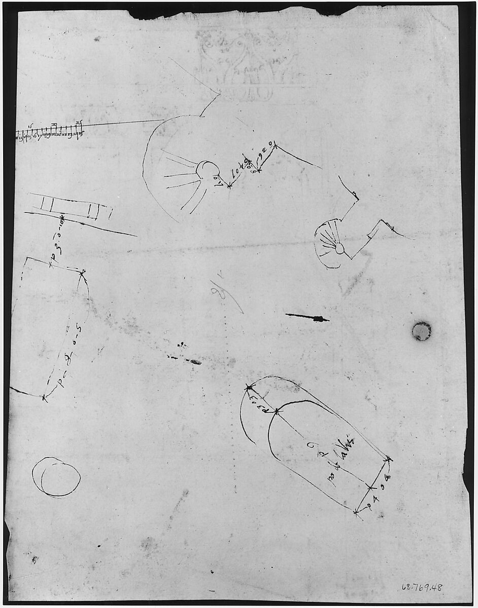 S. Costanza, drum, interior, elevation; column shafts, profiles; narthex, section; stair, detail plan (recto) stair, plans; window, elevation (verso), Drawn by Anonymous, French, 16th century, Dark brown ink, black chalk, and incised lines