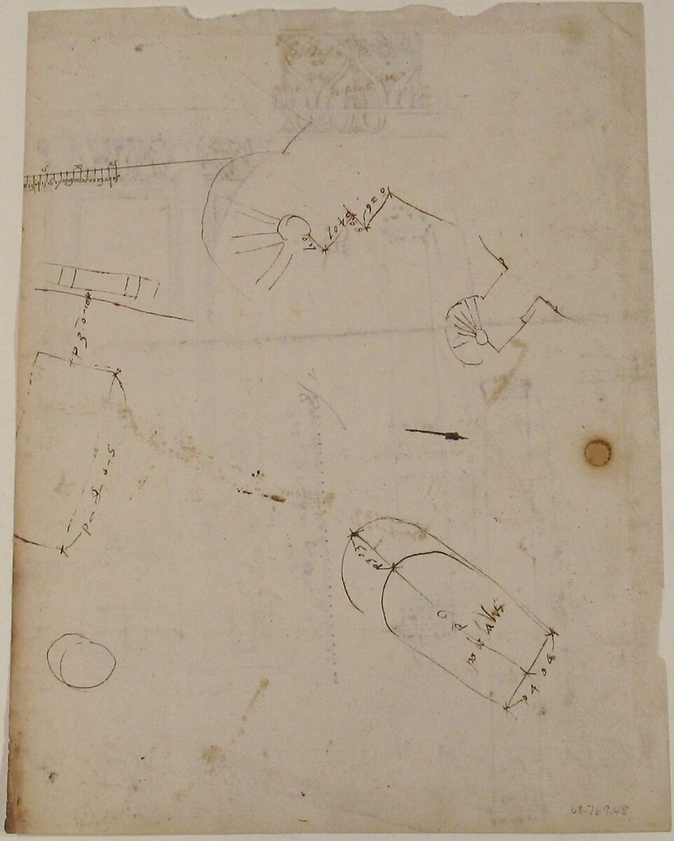 S. Costanza, drum, interior, elevation; column shafts, profiles; narthex, section; stair, detail plan (recto) stair, plans; window, elevation (verso), Drawn by Anonymous, French, 16th century, Dark brown ink, black chalk, and incised lines