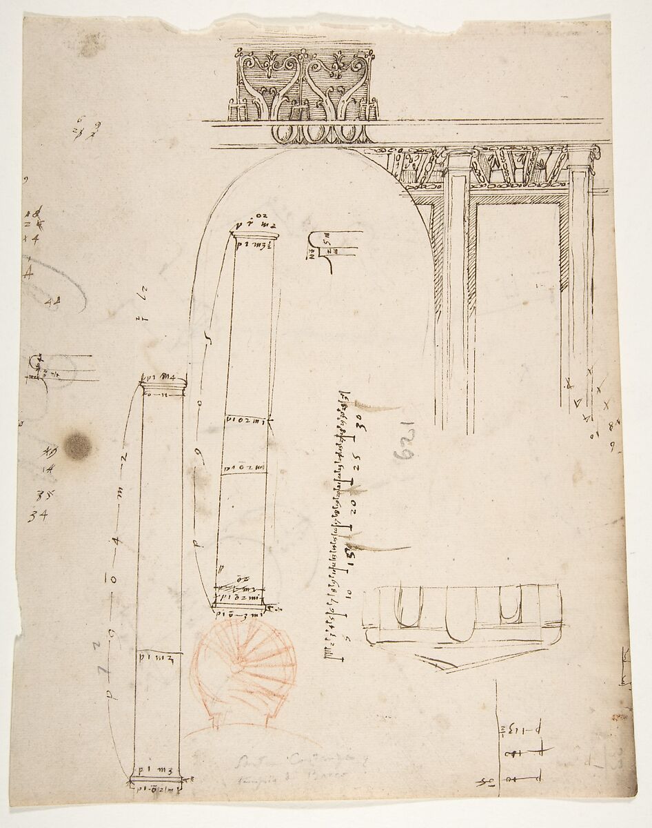 S. Costanza, drum, interior, elevation; column shafts, profiles; narthex, section; stair, detail plan (recto) stair, plans; window, elevation (verso), Drawn by Anonymous, French, 16th century, Dark brown ink, black chalk, and incised lines 