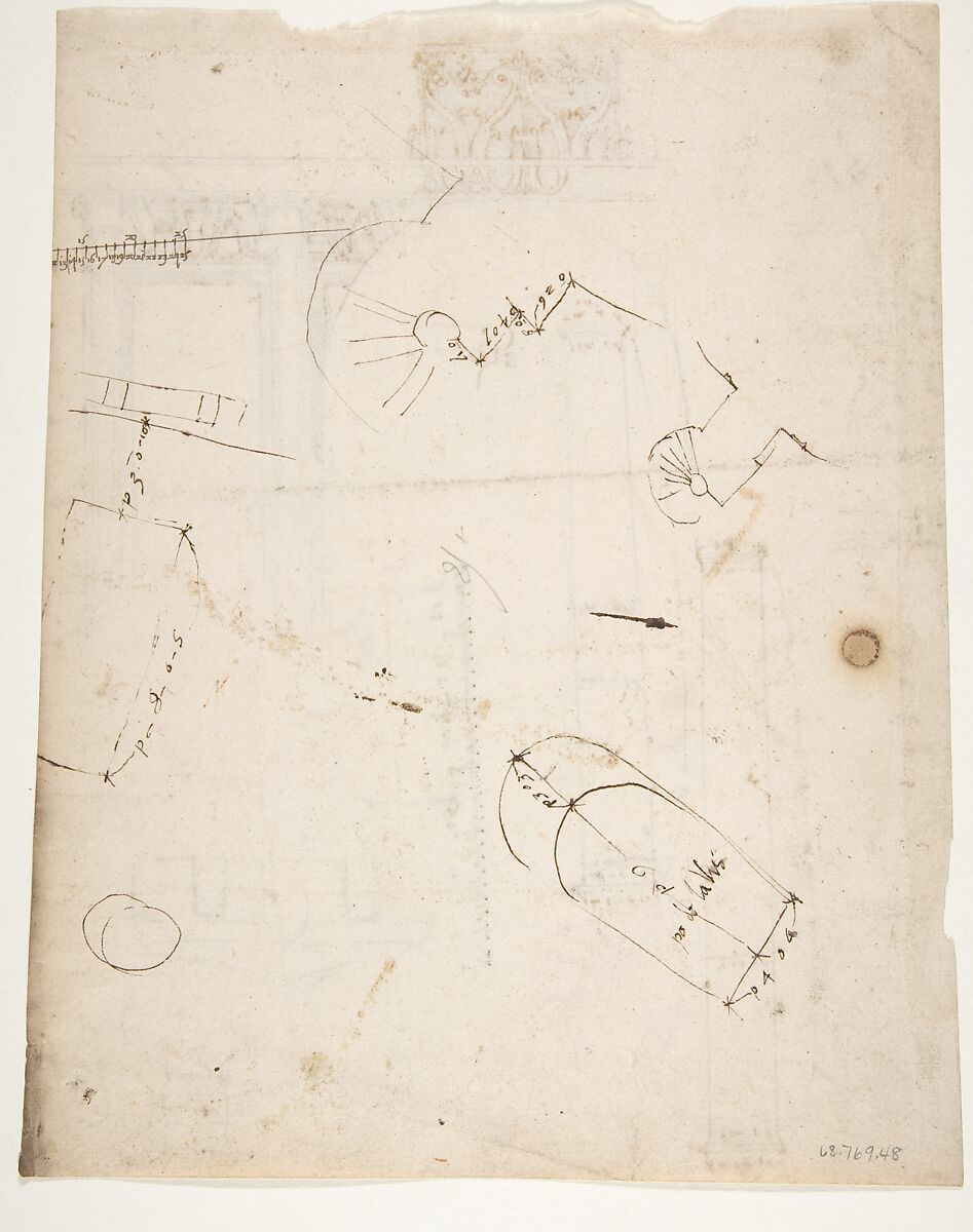 S. Costanza, drum, interior, elevation; column shafts, profiles; narthex, section; stair, detail plan (recto) stair, plans; window, elevation (verso), Drawn by Anonymous, French, 16th century, Dark brown ink, black chalk, and incised lines