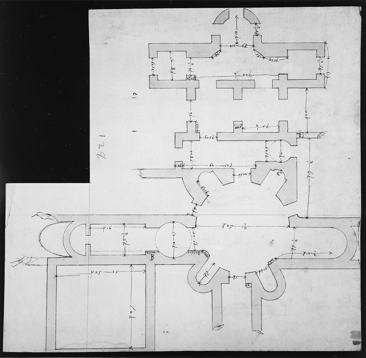 S. Giovanni Laterano, Centocelle, plan (recto) S. Giovanni Laterano, Centocelle, section (verso), Drawn by Anonymous, French, 16th century, Dark brown ink, black chalk, and incised lines