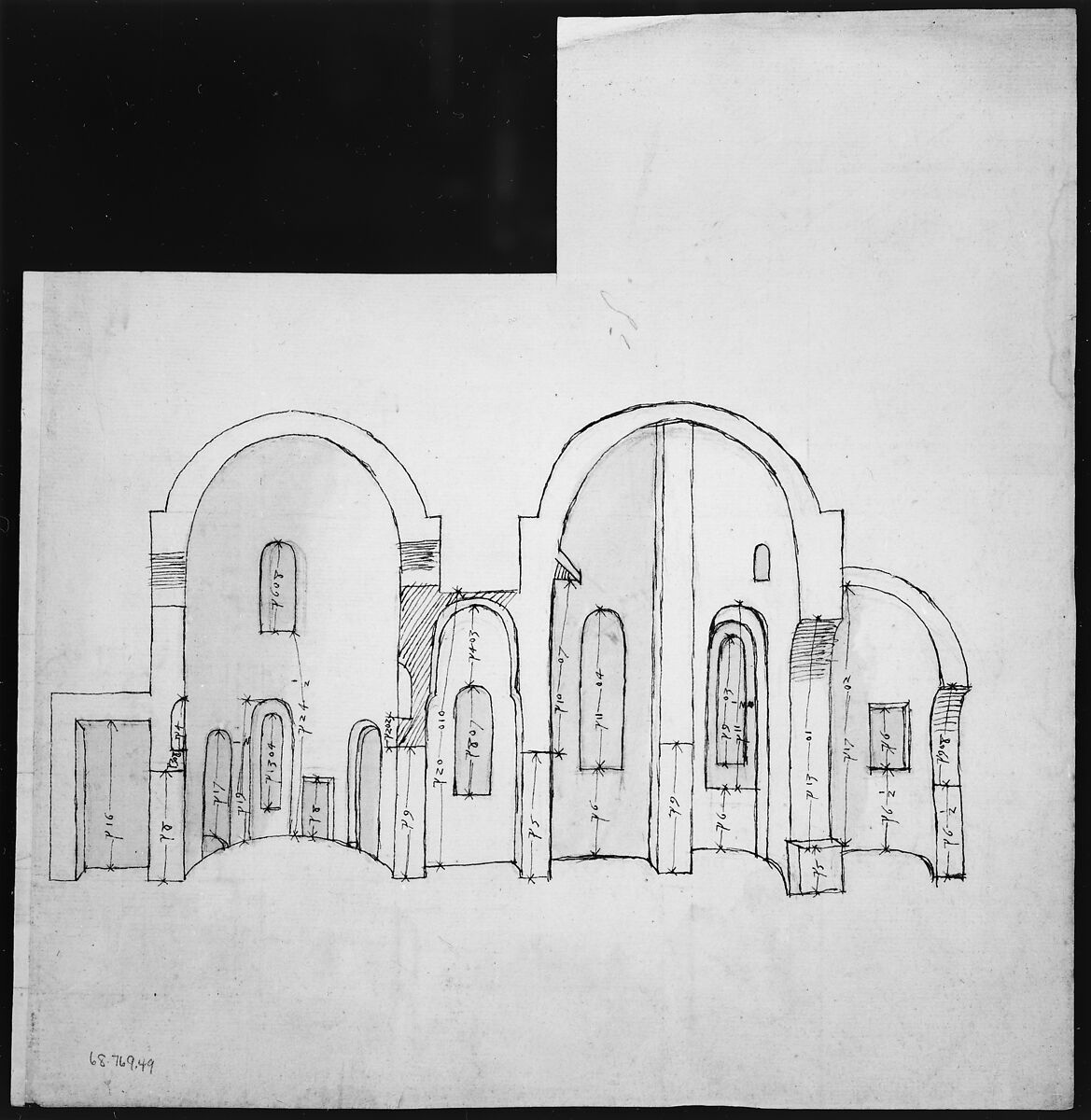 S. Giovanni Laterano, Centocelle, plan (recto) S. Giovanni Laterano, Centocelle, section (verso), Drawn by Anonymous, French, 16th century, Dark brown ink, black chalk, and incised lines