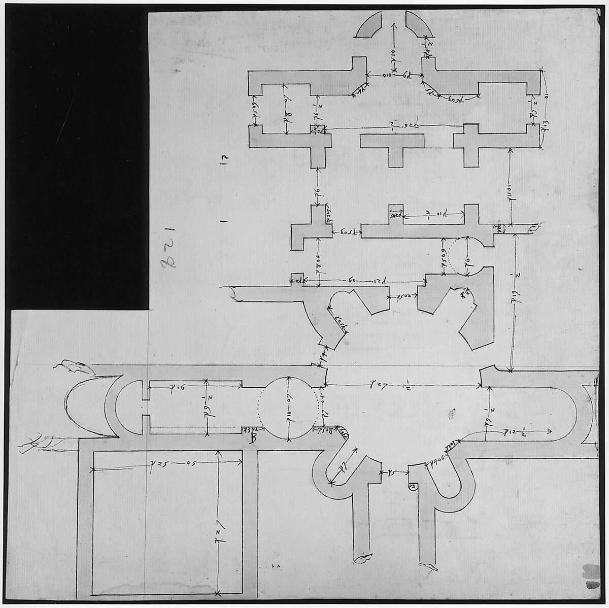 S. Giovanni Laterano, Centocelle, plan (recto) S. Giovanni Laterano, Centocelle, section (verso), Drawn by Anonymous, French, 16th century, Dark brown ink, black chalk, and incised lines
