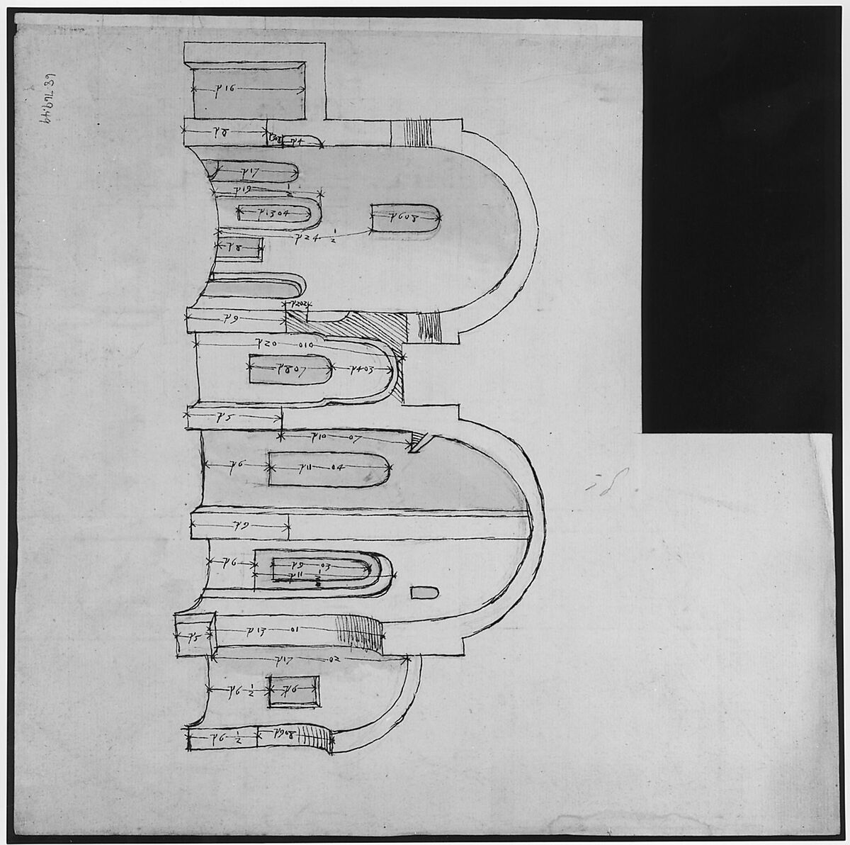 S. Giovanni Laterano, Centocelle, plan (recto) S. Giovanni Laterano, Centocelle, section (verso), Drawn by Anonymous, French, 16th century, Dark brown ink, black chalk, and incised lines