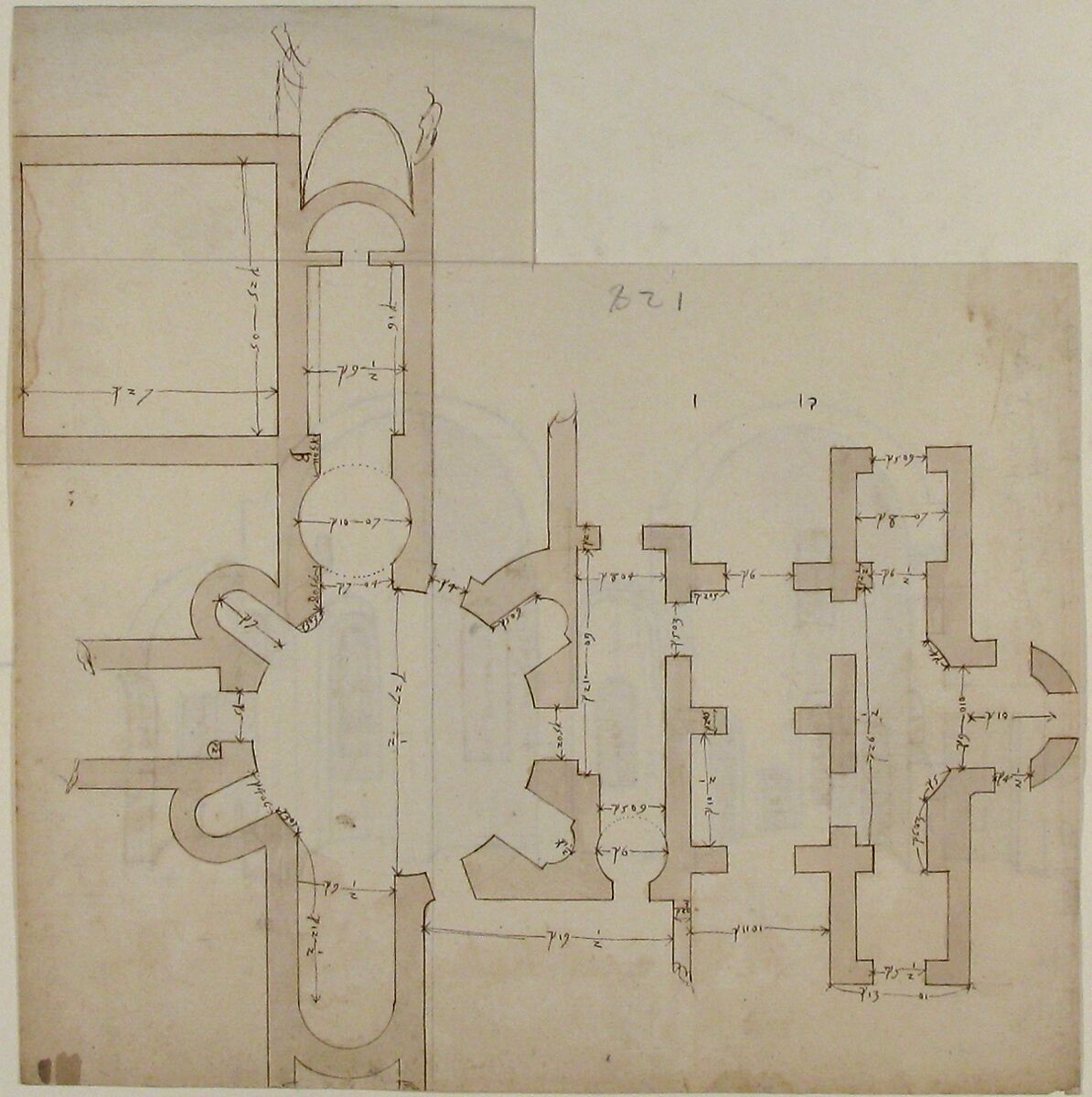 S. Giovanni Laterano, Centocelle, plan (recto) S. Giovanni Laterano, Centocelle, section (verso), Drawn by Anonymous, French, 16th century, Dark brown ink, black chalk, and incised lines