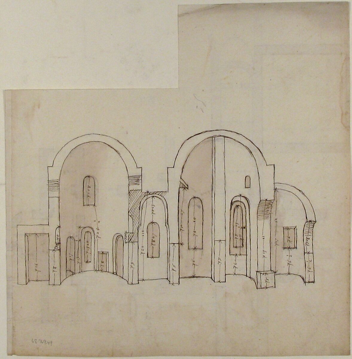 S. Giovanni Laterano, Centocelle, plan (recto) S. Giovanni Laterano, Centocelle, section (verso), Drawn by Anonymous, French, 16th century, Dark brown ink, black chalk, and incised lines