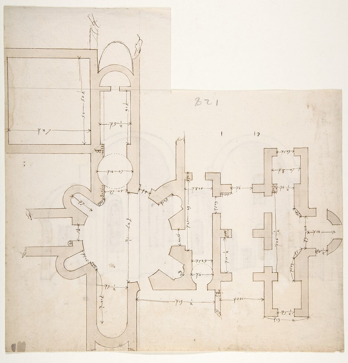 S. Giovanni Laterano, Centocelle, plan (recto) S. Giovanni Laterano, Centocelle, section (verso), Drawn by Anonymous, French, 16th century, Dark brown ink, black chalk, and incised lines 