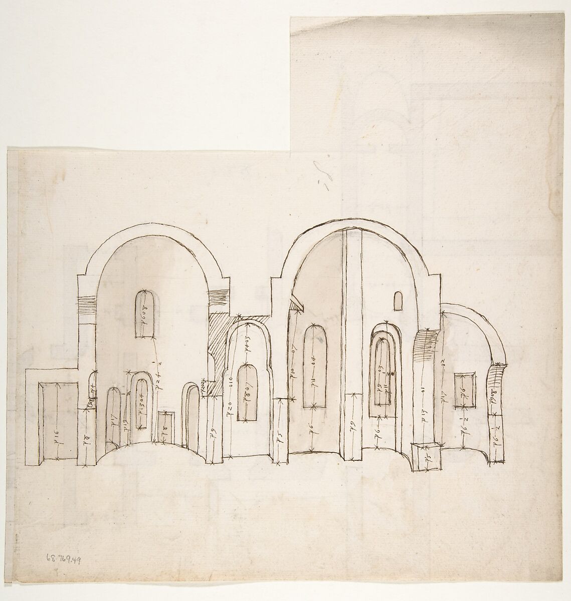 S. Giovanni Laterano, Centocelle, plan (recto) S. Giovanni Laterano, Centocelle, section (verso), Drawn by Anonymous, French, 16th century, Dark brown ink, black chalk, and incised lines