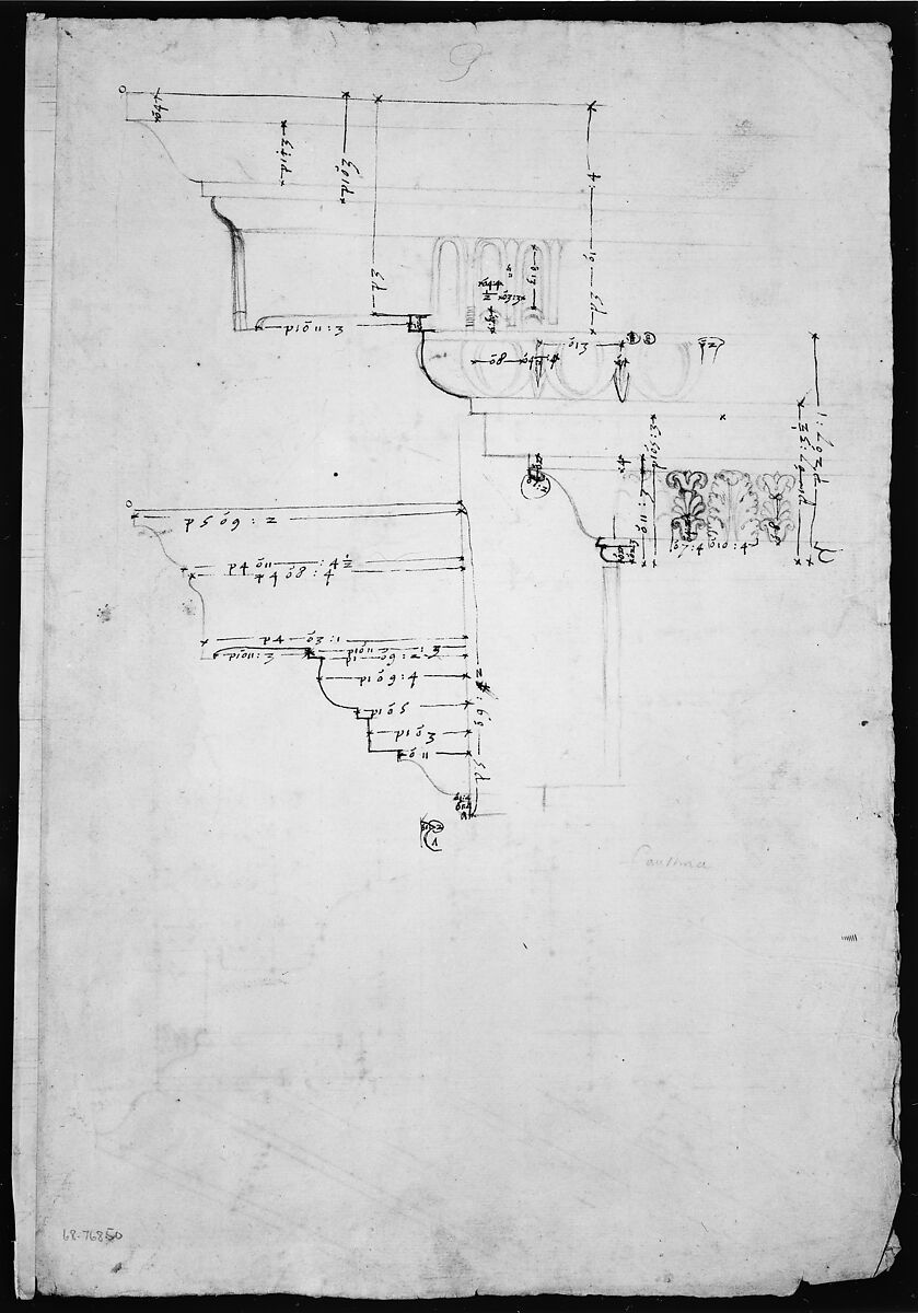 Portico Octavia, pediment and entablature, elevation; pediment, elevation (recto)  Temple of Antoninus and Faustina,  entablature, elevation (verso), Drawn by Anonymous, French, 16th century, Dark brown ink, black chalk, and incised lines