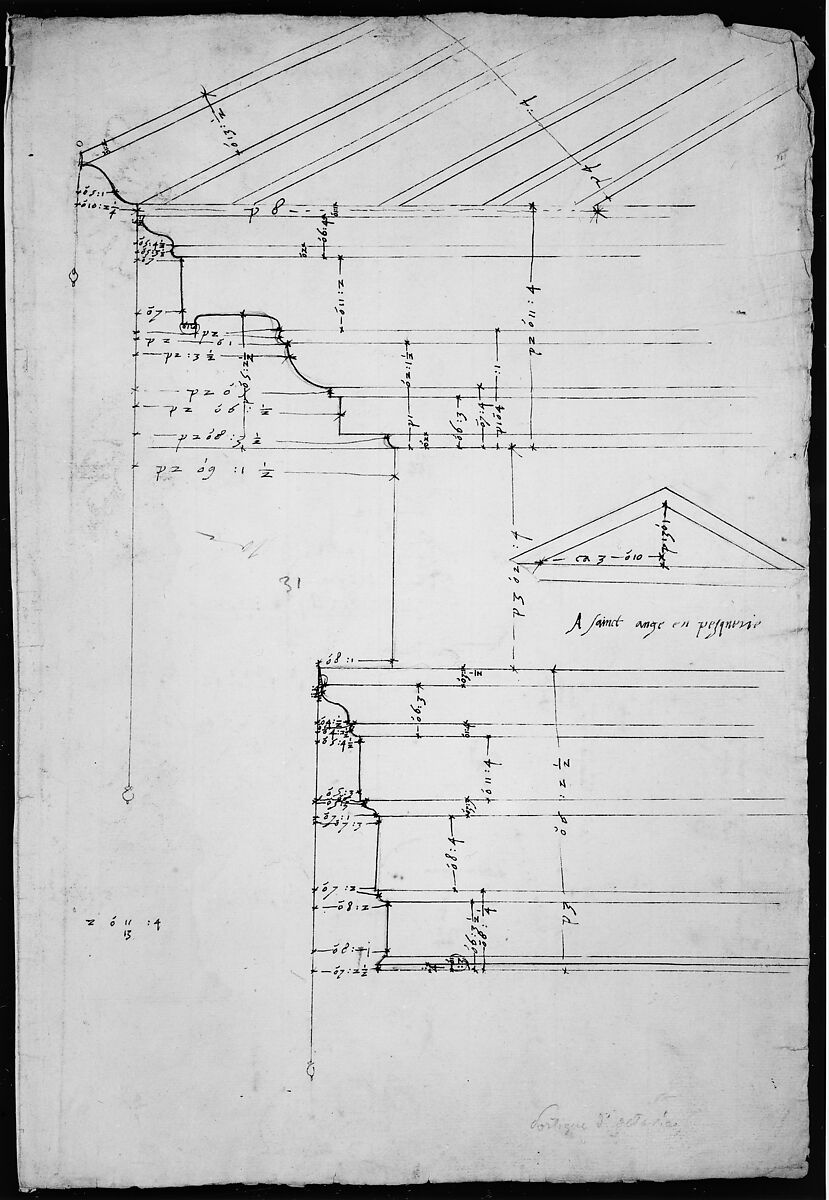 Portico Octavia, pediment and entablature, elevation; pediment, elevation (recto)  Temple of Antoninus and Faustina,  entablature, elevation (verso), Drawn by Anonymous, French, 16th century, Dark brown ink, black chalk, and incised lines