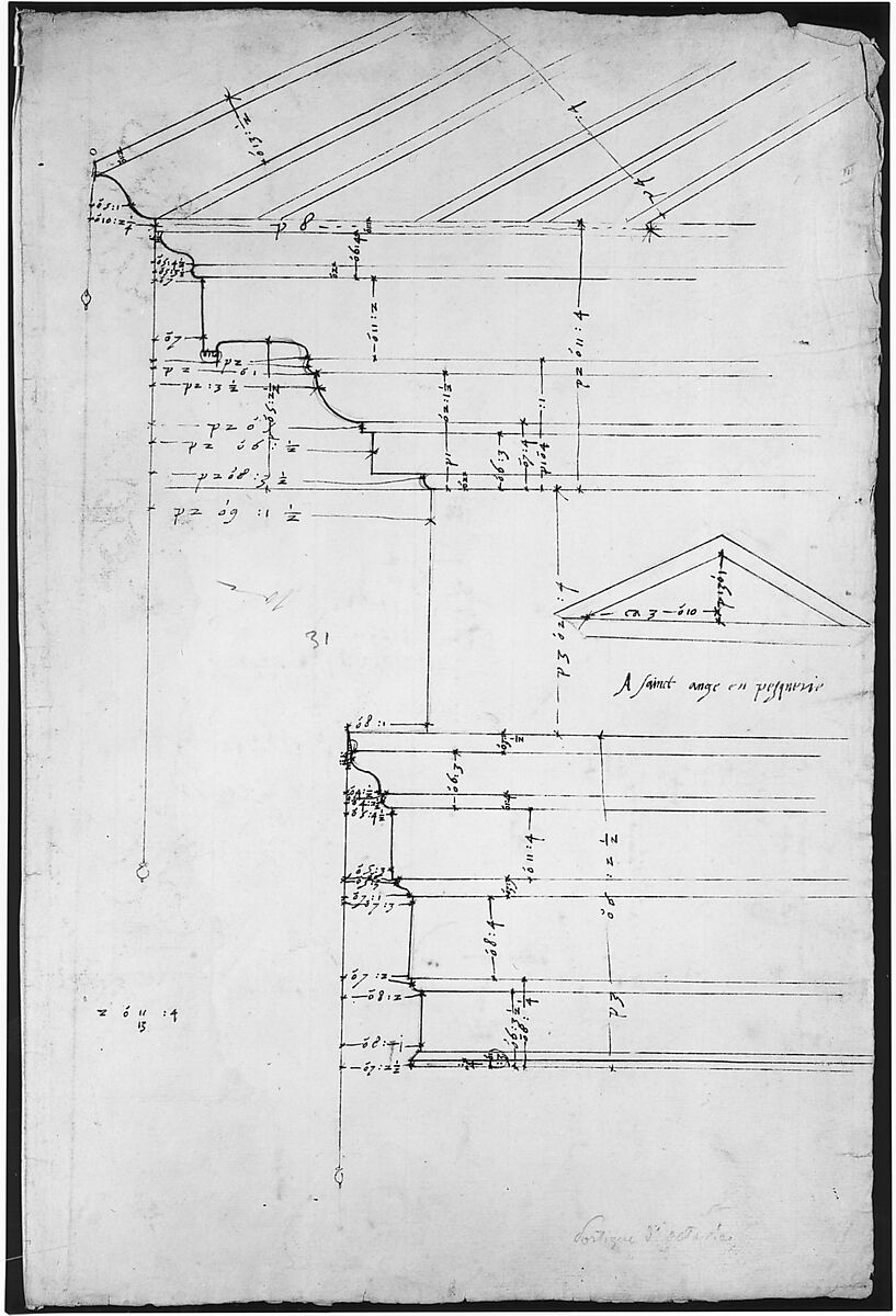 Portico Octavia, pediment and entablature, elevation; pediment, elevation (recto)  Temple of Antoninus and Faustina,  entablature, elevation (verso), Drawn by Anonymous, French, 16th century, Dark brown ink, black chalk, and incised lines