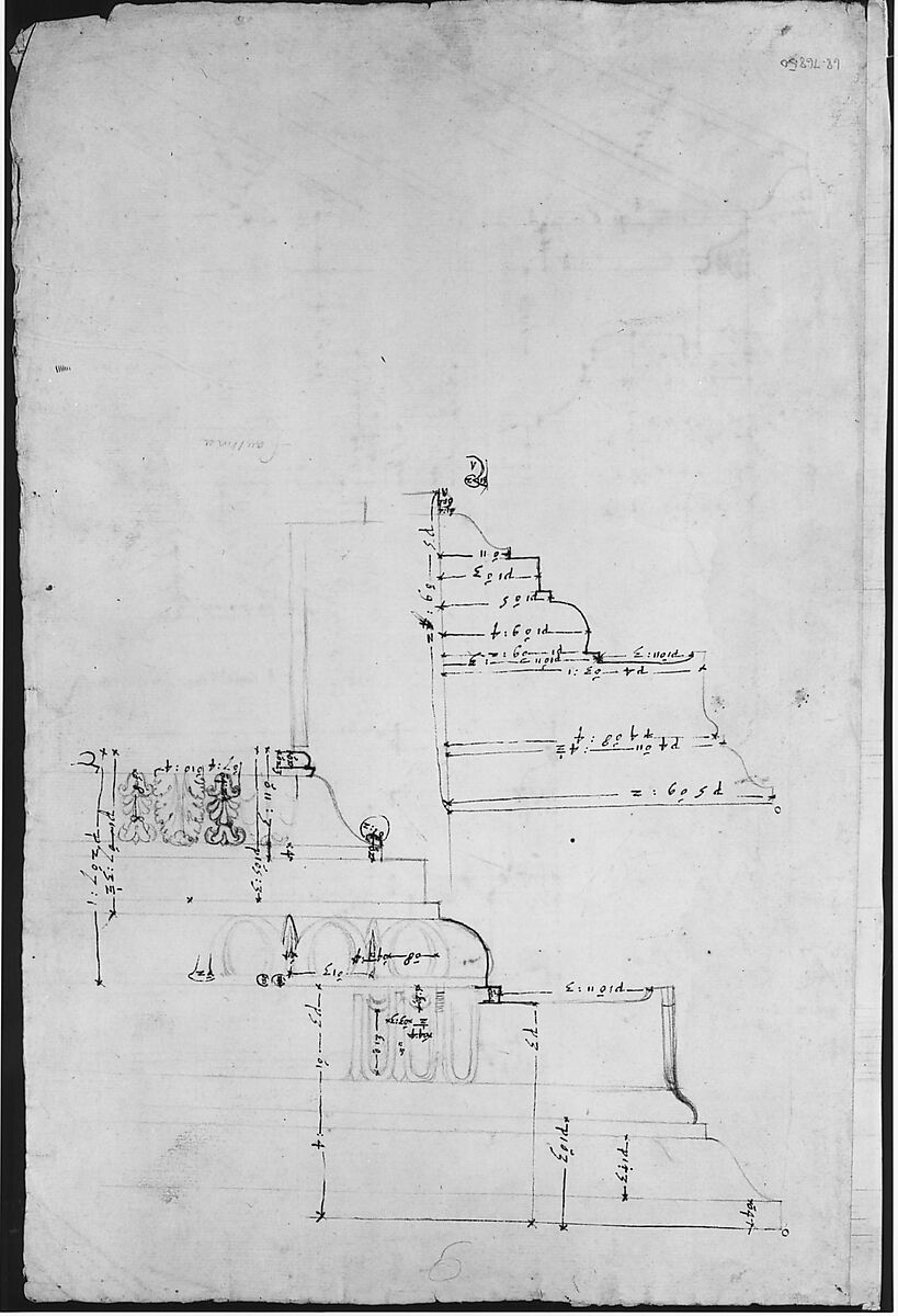 Portico Octavia, pediment and entablature, elevation; pediment, elevation (recto)  Temple of Antoninus and Faustina,  entablature, elevation (verso), Drawn by Anonymous, French, 16th century, Dark brown ink, black chalk, and incised lines