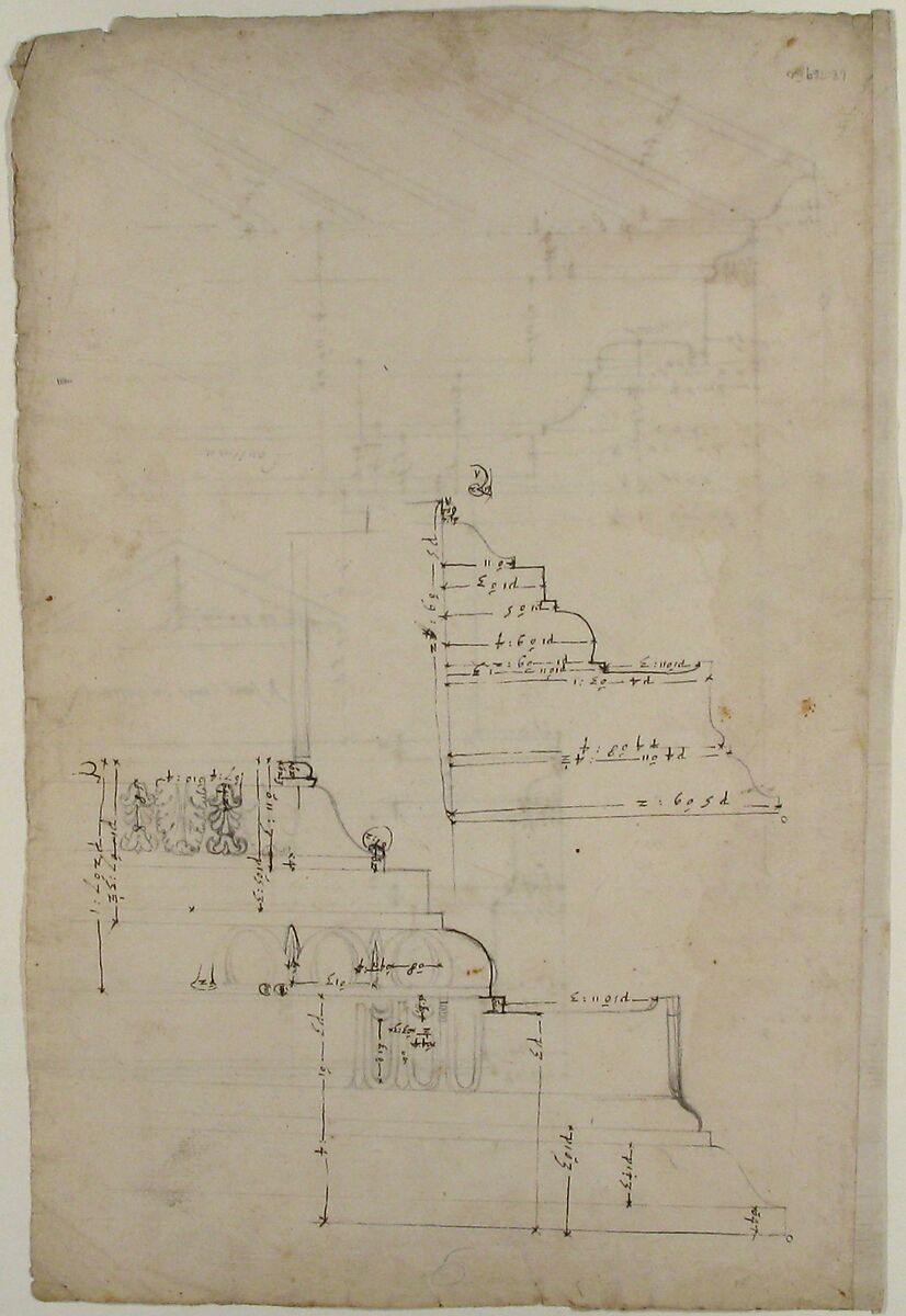 Portico Octavia, pediment and entablature, elevation; pediment, elevation (recto)  Temple of Antoninus and Faustina,  entablature, elevation (verso), Drawn by Anonymous, French, 16th century, Dark brown ink, black chalk, and incised lines