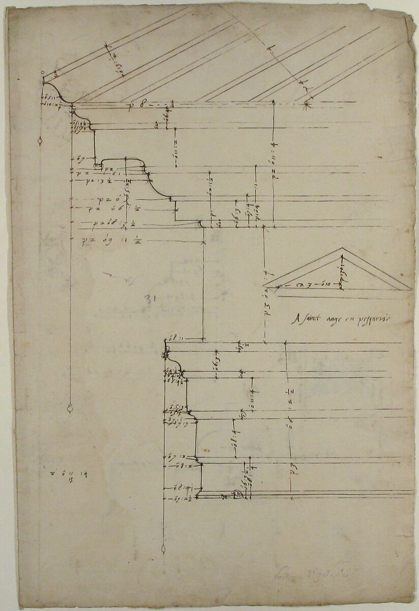 Portico Octavia, pediment and entablature, elevation; pediment, elevation (recto)  Temple of Antoninus and Faustina,  entablature, elevation (verso), Drawn by Anonymous, French, 16th century, Dark brown ink, black chalk, and incised lines