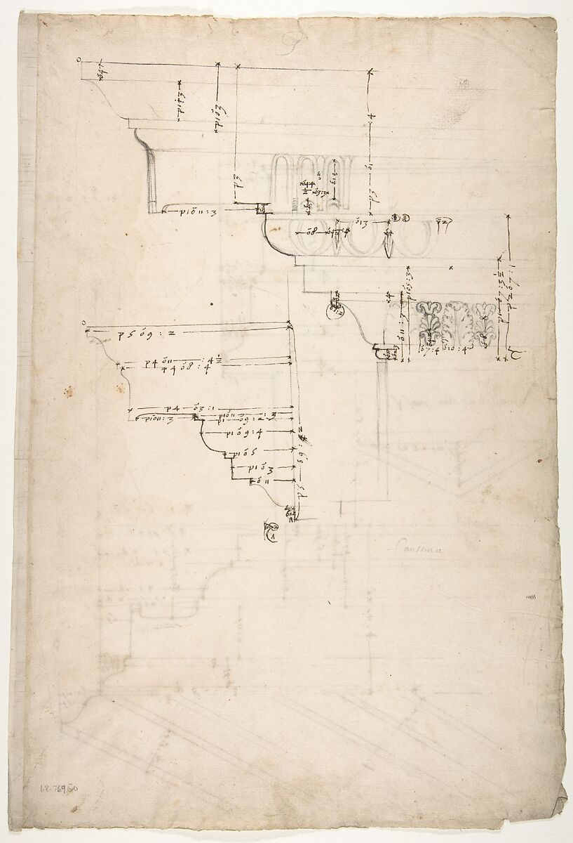Portico Octavia, pediment and entablature, elevation; pediment, elevation (recto)  Temple of Antoninus and Faustina,  entablature, elevation (verso), Drawn by Anonymous, French, 16th century, Dark brown ink, black chalk, and incised lines