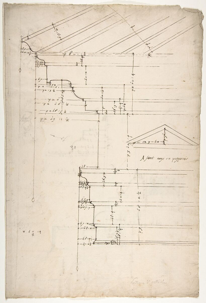 Portico Octavia, pediment and entablature, elevation; pediment, elevation (recto)  Temple of Antoninus and Faustina,  entablature, elevation (verso), Drawn by Anonymous, French, 16th century, Dark brown ink, black chalk, and incised lines 