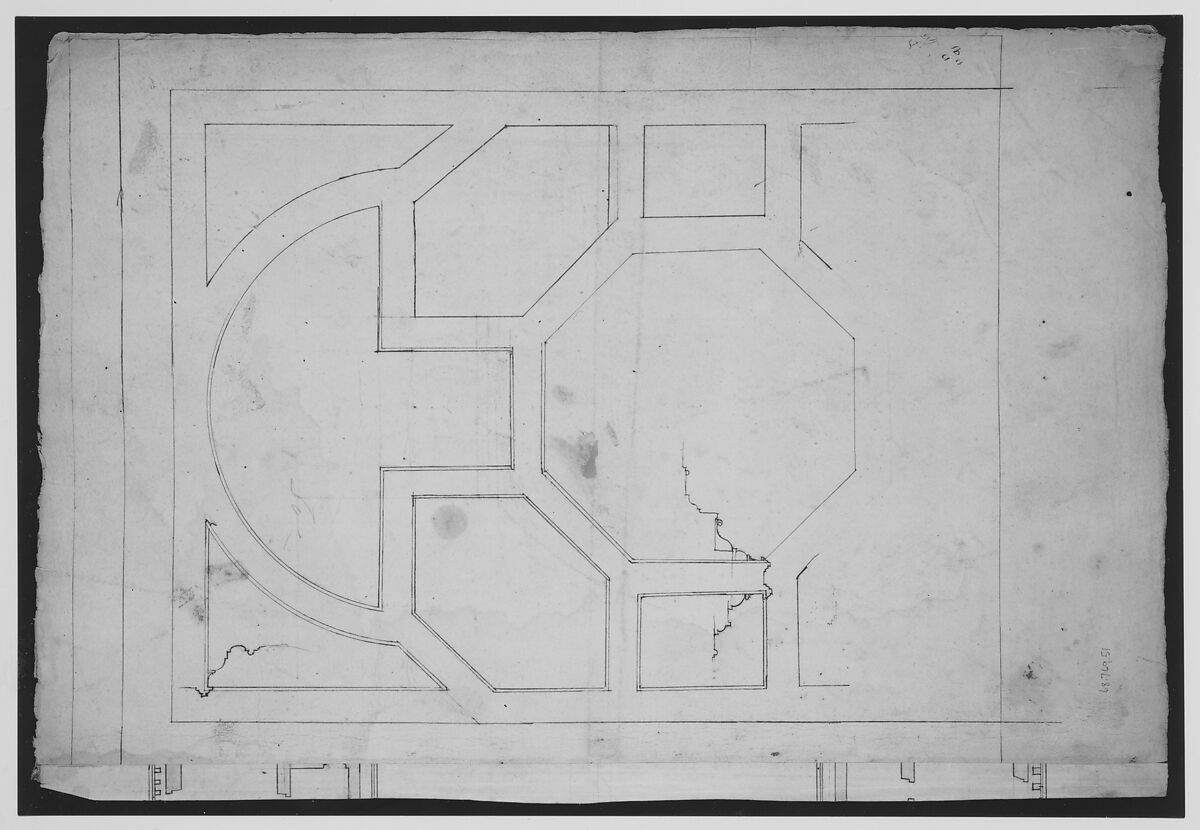 Unidentified, cornice, projection; architrave, projection (recto) Unidentified, ceiling, plan (verso), Drawn by Anonymous, French, 16th century, Dark brown ink, black chalk, and incised lines