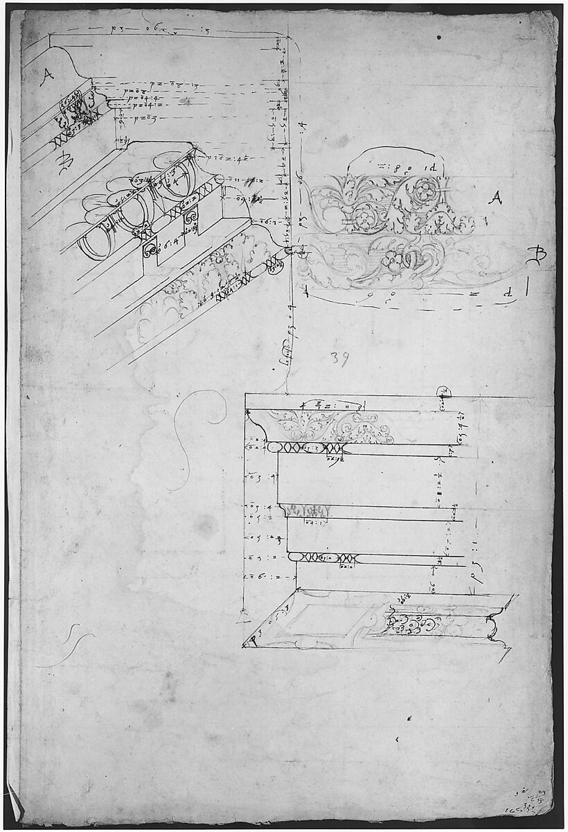 Unidentified, cornice, projection; architrave, projection (recto) Unidentified, ceiling, plan (verso), Drawn by Anonymous, French, 16th century, Dark brown ink, black chalk, and incised lines