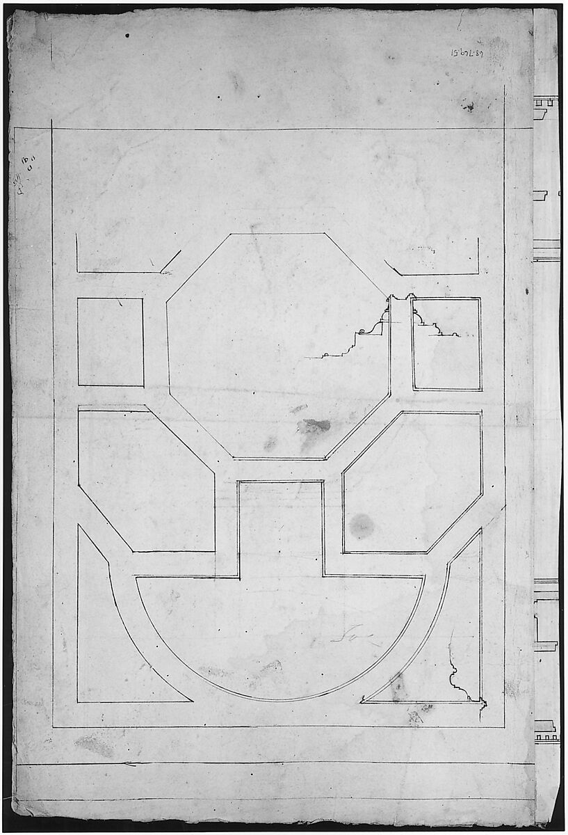 Unidentified, cornice, projection; architrave, projection (recto) Unidentified, ceiling, plan (verso), Drawn by Anonymous, French, 16th century, Dark brown ink, black chalk, and incised lines